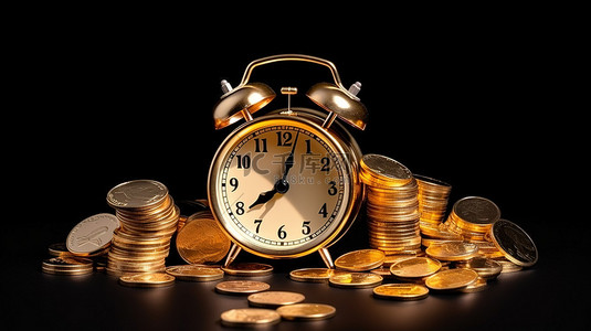 货币时间背景图片_黑色背景上的老式闹钟和美元硬币体现了 3d 时间和金钱的价值