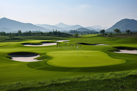 发球台覆盖着青草和山脉的高尔夫球场