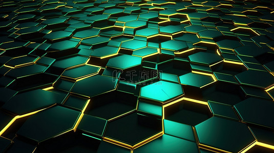 创新网络壁纸 3d 渲染绿色六边形与金色线条