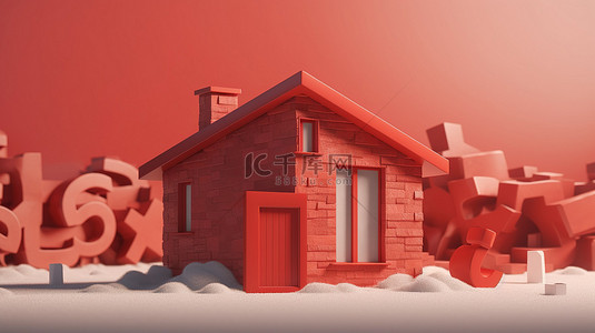 商业红背景图片_概念 3D 渲染红房子，带有问号符号，描述住房问题
