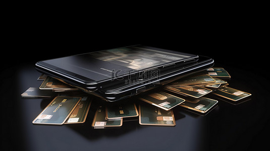 智能手机的数字钱包 3d 渲染，带有信用卡和现金，用于财务规划和在线购物