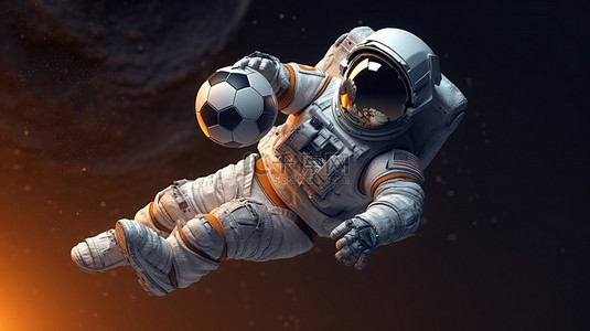卡通星球太空背景图片_使用渲染设计的宇航员用足球进球的 3D 插图