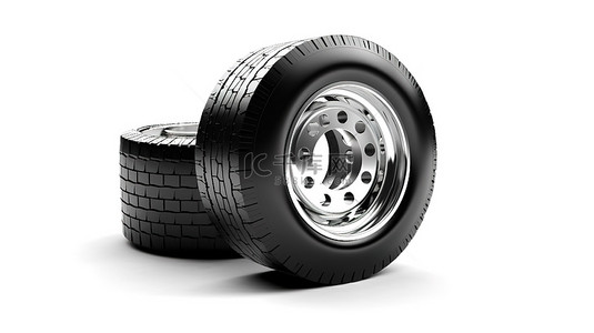 大型卡车车轮模型的白色背景上两个独立轮胎的 3D 渲染