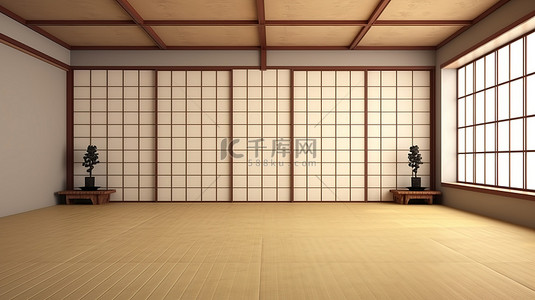 日式房间样机 3D 渲染空白空间