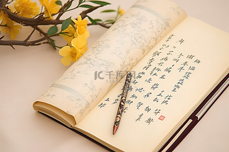 书法中背景图片_中文 中国卷轴 带笔