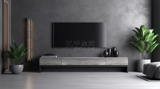 优雅的生活空间，灰色墙壁背景电视屏幕和 3D 渲染沙发