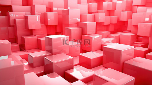 红色方形背景图片_以红色和粉色色调渲染抽象几何场景