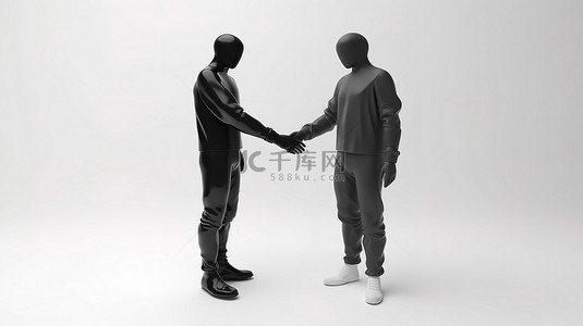 两个男人在白色背景上握手的黑白 3D 插图