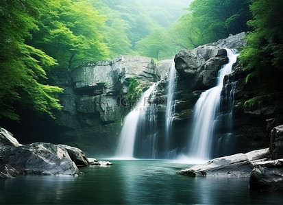 瀑布岩石背景图片_瀑布在岩石附近的绿色区域流下
