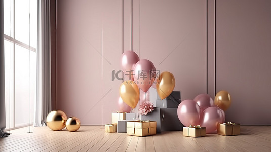 提升海报背景图片_逼真的金色和粉红色气球提升了 3D 渲染的内部礼品盒海报