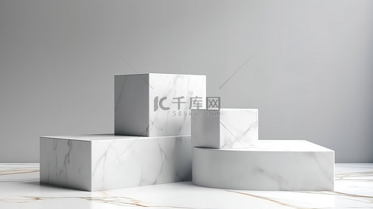 白色讲台展示的 3D 渲染在白砖大理石背景下展示产品