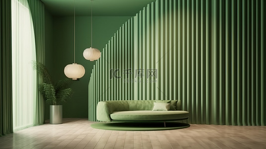 现代孟菲斯设计以 3D 渲染中的绿色墙壁和窗帘背景为特色