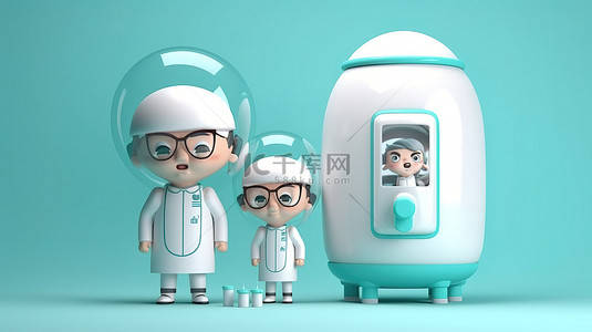 3D 渲染中带有卡通医生和护士的大型饮水机罐