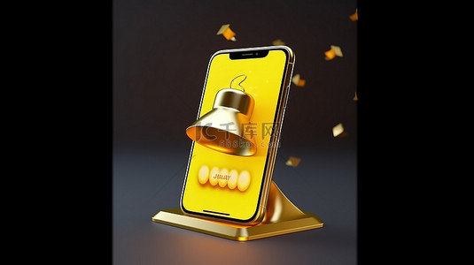 带黄色信封和铃屏 3D 渲染插图的手机，用于时事通讯通知