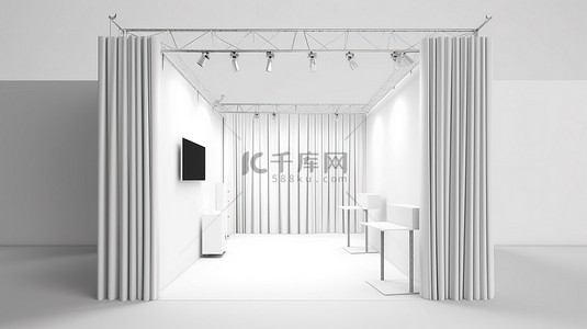 3D 渲染白色贸易展览摊位，带开门和屏障绳