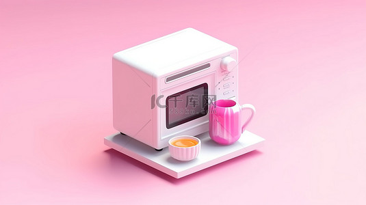 家庭物品背景图片_3D 图标集，包括白色和粉色家用物品，包括等距微波炉