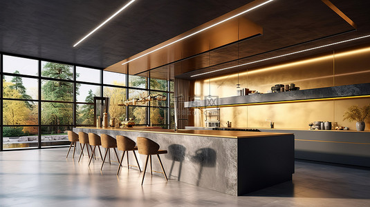 壮观的厨房设计，配有光滑的混凝土岛台豪华座椅多个台面和令人惊叹的 3D 全景窗户