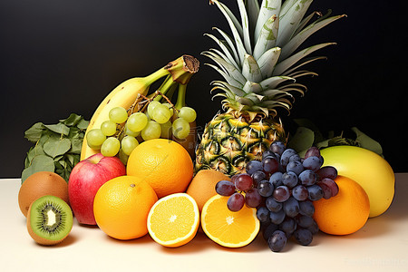 一串水果的照片，包括一个菠萝一串葡萄和一个橙子