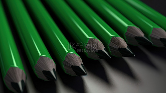 带有绿色 3D 效果图的黑色尖头铅笔