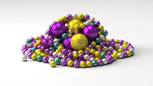 装饰图案花环背景图片_狂欢节装饰彩色珠子，用于节日庆典 3D 渲染在白色背景上