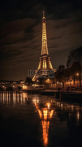 城市建筑水背景图片_埃菲尔铁塔夜晚城市度假背景
