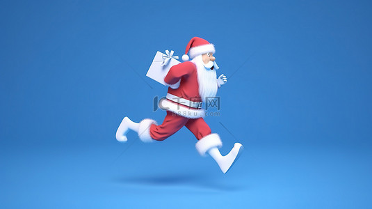 可爱的圣诞老人在蓝色背景下用 3D 渲染的白色礼盒冲刺
