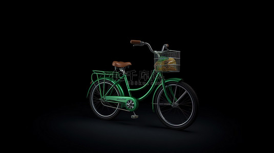 黑色背景下绿色自行车披萨配送的 3d 渲染