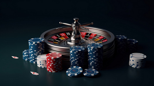 深蓝色背景，带有 3d 渲染的轮盘 A 扑克牌筹码和骰子