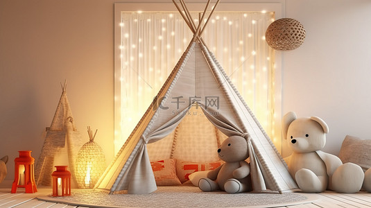 异想天开的儿童卧室，配有毛绒动物朋友和俏皮的圆锥形帐篷 3D 渲染设计