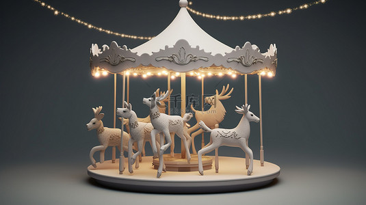 带有 3D 渲染驯鹿的异想天开的圣诞旋转木马设置在带纹理的灰色纸背景下
