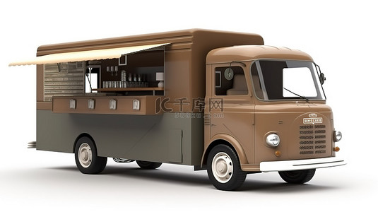 白色背景上棕色咖啡卡车的卡通风格 3d 渲染