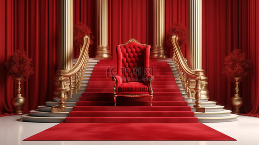 国王宝座椅和带楼梯和金绳屏障的优雅红地毯的 3D 渲染