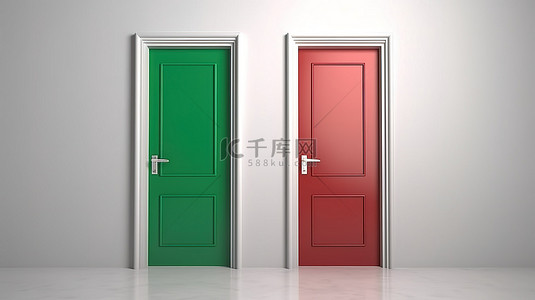 在红色和绿色门之间选择的困境，用白色背景上的 3D 渲染大问号说明正确和错误的决定
