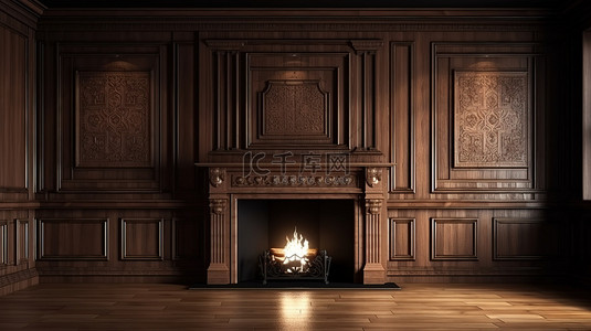 大理石壁炉背景图片_以木镶板和壁炉 3D 渲染为特色的传统家居室内装饰