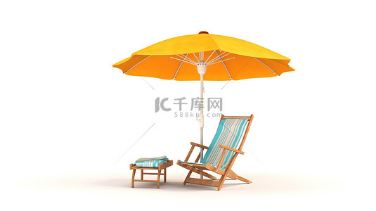 孤立的沙滩伞和躺椅与飞机在白色背景下的 3D 插图