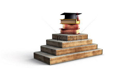 书本楼梯背景图片_教育毕业帽在书本上的符号表示，在白色背景 3D 渲染上形成楼梯