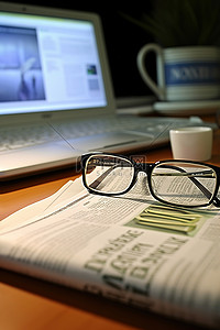 报纸桌子背景图片_一台打开的电脑，桌子上有眼镜和报纸
