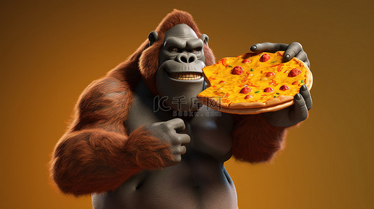搞笑的 3D 大猩猩拿着美味的披萨
