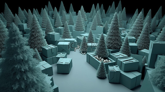 礼品盒坐落在 3D 渲染的圣诞树中