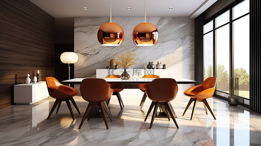 时尚的用餐区由别致的吊灯照亮，配有优雅的家具和大理石地板上的豪华装饰 3D 渲染