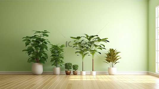 裸露的空间，带有青翠的墙壁和木地板，装饰着盆栽植物 3D 可视化