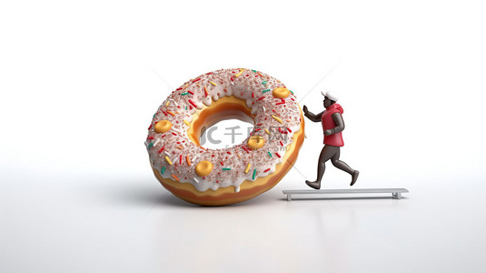健身食物背景图片_跑步机 3D 渲染的诱惑，跑步者伸手去拿健身概念图像中的甜甜圈