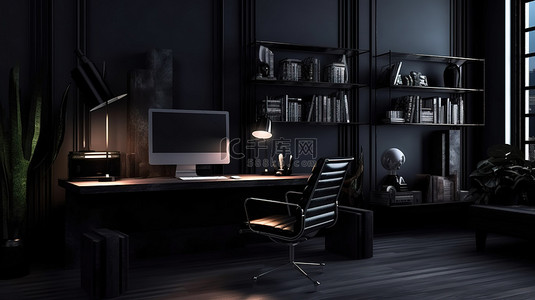 科技设备背景图片_现代办公空间，配有时尚的深色办公桌和 3D 高科技设备