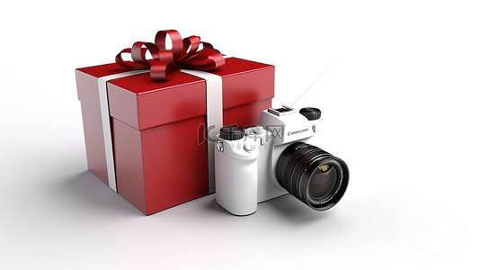 白色背景下红色礼品盒中当代数码相机的 3D 渲染