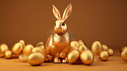 可爱贺卡背景图片_金色兔子和鸡蛋 3D 复活节装饰品，充满欢乐