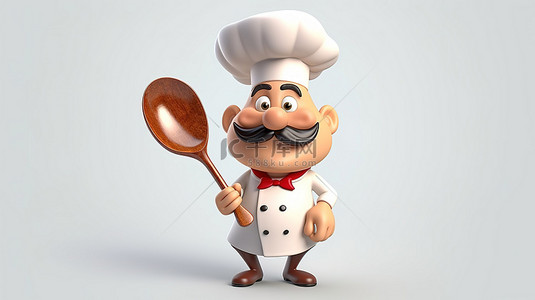 美食厨师背景图片_拿着巨大勺子的厨师的卡通 3D 插图
