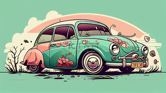 粉色小汽车背景图片_汽车插画绿色背景