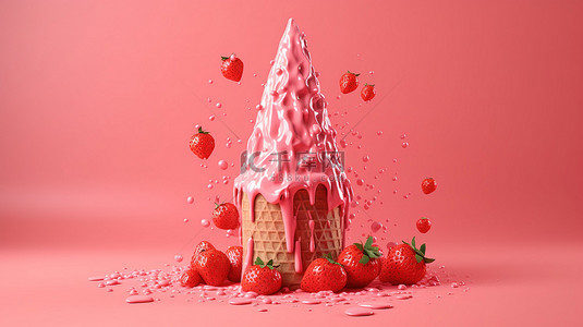 3d 草莓甜筒，上面有漂浮的草莓和粉红色背景上充满活力的粉红色飞溅