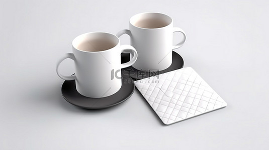 韩国时尚海报背景图片_简约白色背景上时尚的白色杯子和舒适的织物杯垫空白模板样机设计，具有空饮料杯 3D 渲染