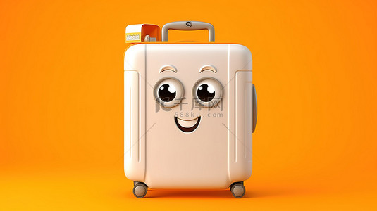 现代白色洗衣机吉祥物的 3D 渲染，橙色旅行手提箱设置在充满活力的黄色背景下